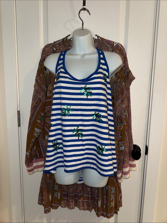 J. Crew Tops - J.Crew Striped Blue and White with Green Palm Sequins Embroidered Racerback Tank